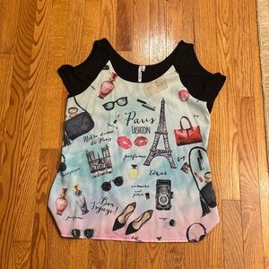 Women's Short Sleeve, cold shoulder Top - Black and Multicolor